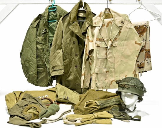 Lot of Field Jackets, Blouses, Helmet with Camouflage Netting, Gloves, Clothing Bag