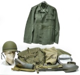 Lot of WWII U.S. Army Field Blouse with Helmet, Clothing Bag, Mess Kit, Gas Mask, Entrenching Tools