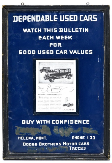 Early Dodge Brothers Motorcars Dependable Used Cars Bulletin Tin with Wood Frame Sign
