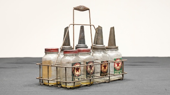 Texaco Oil Bottle Carrier and Bottles/Jars