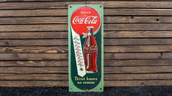 1940s Drink Coca-Cola Heavy Cardboard Sign and Thermometer