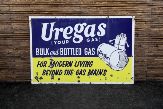 Late 1940s to Early 1950s Uregas Double-Sided Porcelain Sign