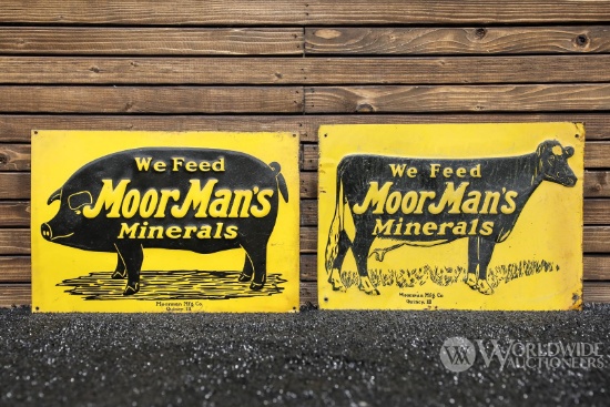 Two 1920s Moor Man's Minerals Livestock Feed Tin Signs