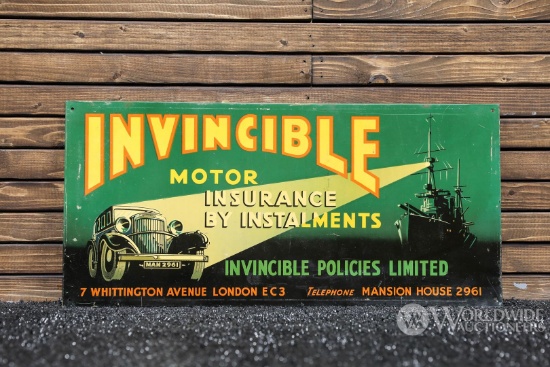 1930s Invincible Motor Insurance of London Tin Sign