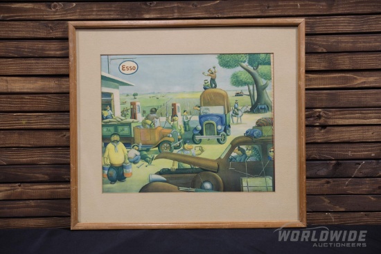 Original Post-WWII Esso South American Artwork, Signed Carybe - Framed