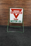 Original Conoco Super Motor Oil Double-Sided Porcelain Sign with Sidewalk Stand