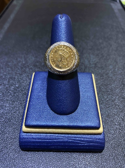 14k Gold Coin Ring W/ Diamonds Setting