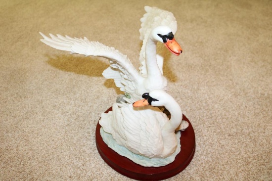 Two white swans with wood plank