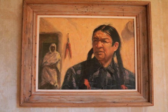 Indian painting with wooden frame ($1,000 - $1,500), Original Canvas, Jay Omeilia, Signed by artist,