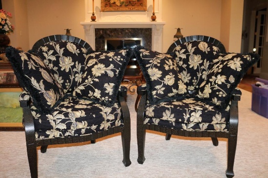 Black chairs with yellow flowers and matching pillows (1 armrest broken)