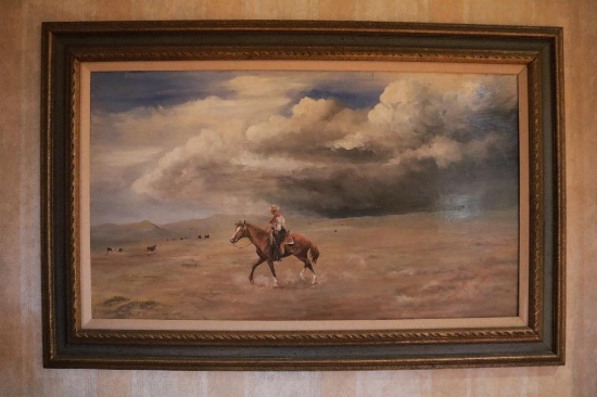 Painting of a cowboy on his horse, 42.75 IN wide by 28.5 IN Tall