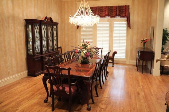 Dining table with 8 chairs, 116 Long Cherry Inlay, 2 Leaves, 9 Chairs, 2 carved arm chairs, 45 In