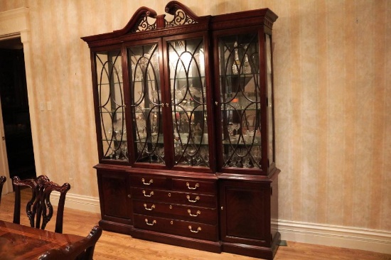 Lighted cherry buffet with glass doors, 78 in wide 16 in deep, 3 glass shelves in each section,
