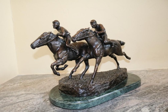 1987 Darrell Coker, "Fast Finish", Two Racehorse Bronze (20.5" x 14" $1000)