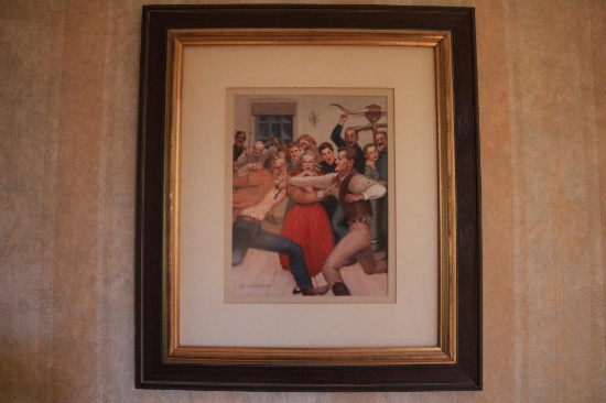 Art of men fighting, ($500) "Country Dance" by Echohawk, 25.25 IN by 22.25 IN