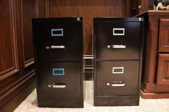 Two black file cabinets, 15 Wide by 26.5 Deep by 28.5 Tall