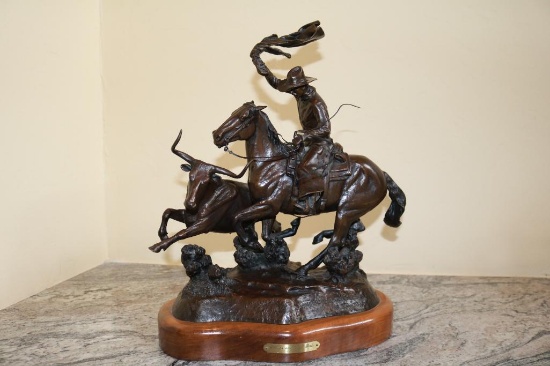 1999 John D Free, "Whoops and Hoofbeats" Herding a Steer Bronze (19" tall)