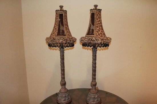 Two lamps with giraffe design on lamp shades (40" tall)