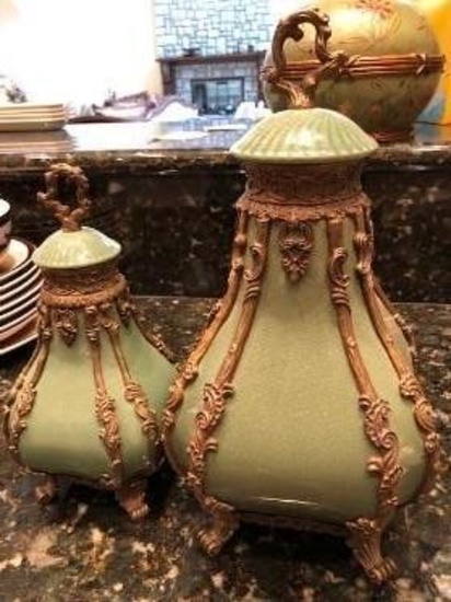 Set of green and gold vases