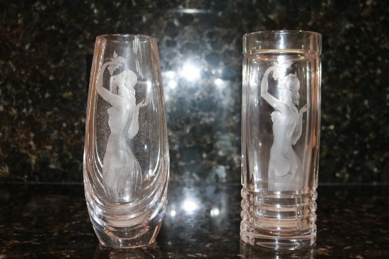 Two crystal glasses with women posing
