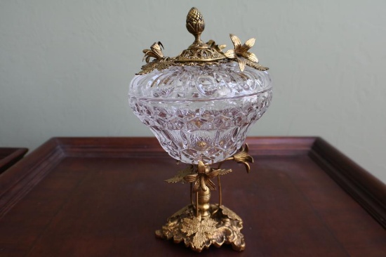 Decorative glass holder with bronze base and top cover