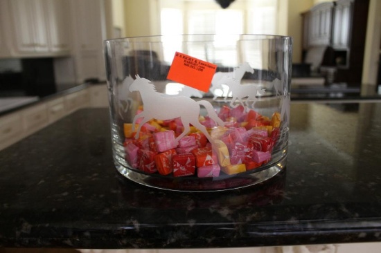 Crystal Bowl with etched horses 8 1/2 inch diameter