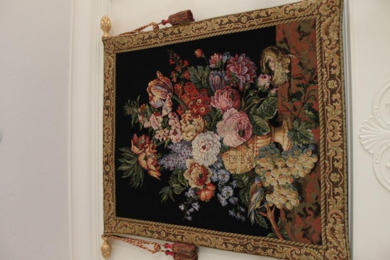 Hanging wall tapestry above fireplace 58" tall x 50" wide