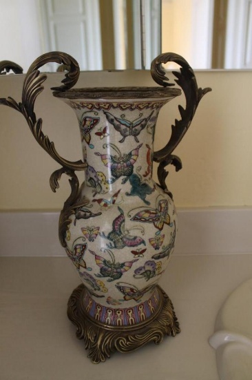 Hand Painted Vase butterfly design 13 1/2" tall x 6 1/2" deep