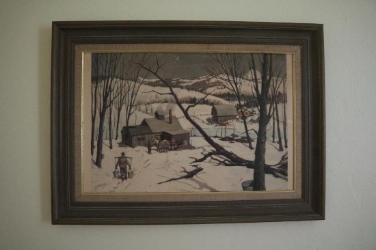 Art of man carrying pales to his cabin in the winter