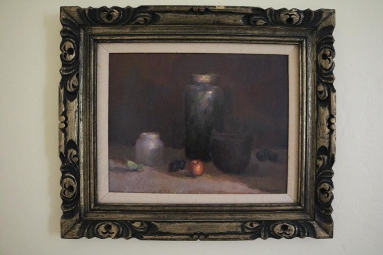 Art of wine bottle with bowl and fruit.