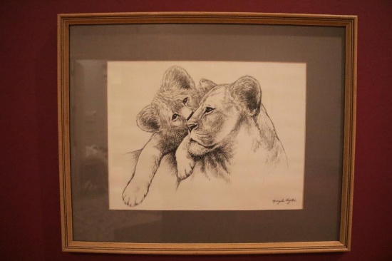 Artwork of a lioness with her cub