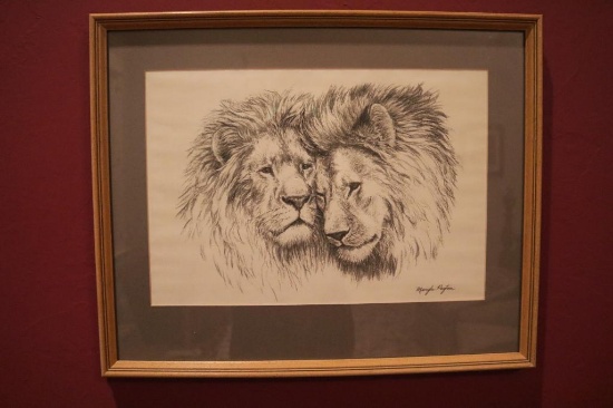 Artwork of two lions together