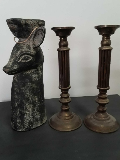 Pair of brass looking candelabra and deer terracotta