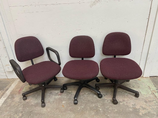 THREE Matching Rolling Office Chairs one with arm rests Red/Purple/MAROON- 3pcs