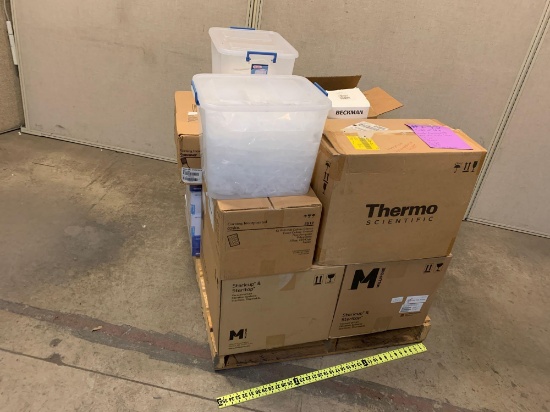 Mixed Pallet of New Laboratory Consumables Plastic Vials Tubes Tips Trays Syringes Pipets Stericups