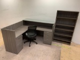 L Shape Office Glass Top Receptionist Desk with Bookcase