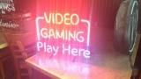 Video gaming play here neon sign