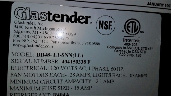 Glastender (new) refrigerated stainless steel back bar cooler with remote compressor  Model#BB48LISN