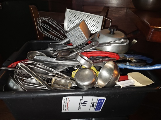 Assorted kitchen ware with bin