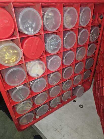 Slotted glass washing rack 36 with containers of hardware