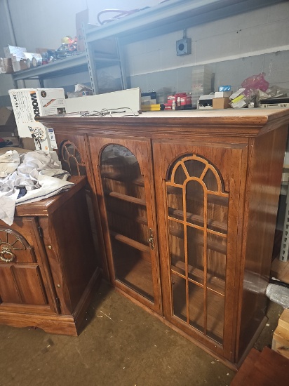 Wooden cabinet with over head hutch