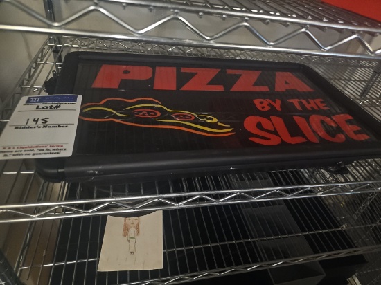 "Pizza by the Slice" lighted sign