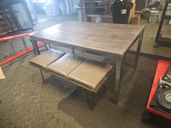 Wooden top table with two benches
