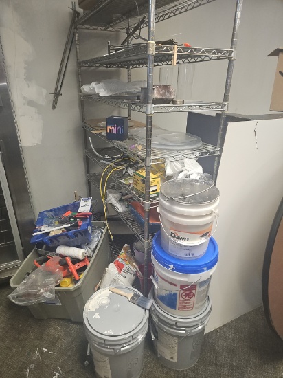 All tools in area with bins/buckets and wire rack included