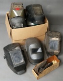 Large box of (10) welders helmets in various styles, conditions, some with