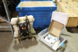 Large acid/chemical spraying pump in painted blue hinged box consists of a