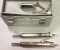 Grey plastic toolbox kit of (2) air needle sealers, wrenches/chisels, both