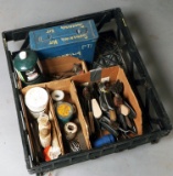 Lot of soldering items: solder, flux, cleaning brushes, small tank, painted