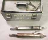 Grey plastic toolbox kit of (2) air needle sealers, wrenches/chisels, both