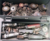 Grey plastic hinged toolbox of (2) straight/ (2) angle die grinders, along